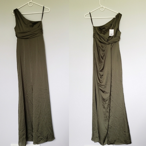Dessy Collection 3111 One Shoulder Satin Olive Green Gown Formal Dress Sz 0 - Picture 2 of 4